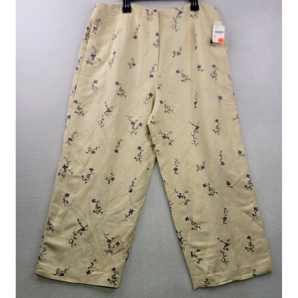 Cutter & Buck Floral Embroidered Crop Pants 14 Beige Linen Romantic Cottagecore